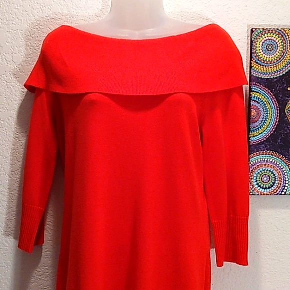 LEMMIE FOR NINA LEONARD CHERRY RED OFF SHOULDER SWEATER DRESS - Picture 4 of 6